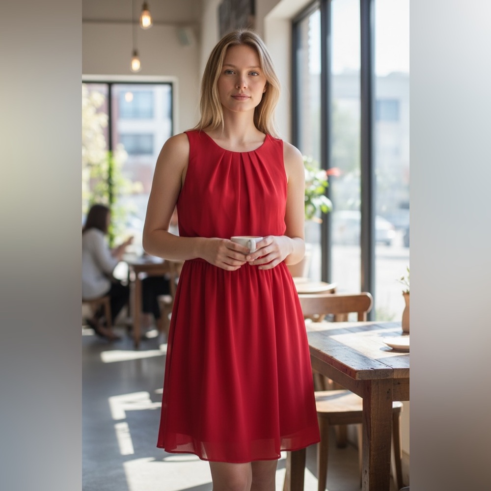 Red Sleeveless Chiffon Dress - Gathered Waist A-Line Style